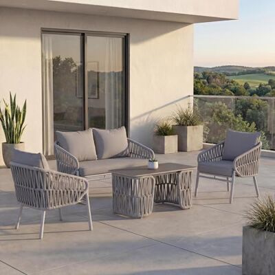 Mendler Gartengarnitur HWC-P90 Stoff/Textil hellgrau Lounge-Set, Gartenlounge, Sofa, Sessel, Tisch, Seilgeflecht, Rope, (180g/m²) Mendler Gartengarnitur HWC-P90 Stoff/Textil hellgrau Lounge-Set, Gartenlounge, Sofa, Sessel, Tisch, Seilgeflecht, Rope, (180g/m²)