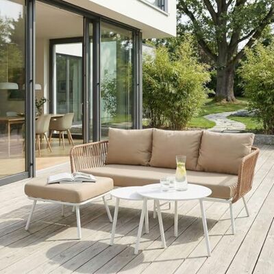 IDIMEX Gartenlounge Mykonos, weiß/beige Balkon Lounge Sofa mit Dreisitzer, Hocker & Beistelltisch, Wasserabweisende Kissen, wetterfest für Balkon und Terrasse IDIMEX Gartenlounge Mykonos, weiß/beige Balkon Lounge Sofa mit Dreisitzer, Hocker & Beistelltisch, Wasserabweisende Kissen, wetterfest für Balkon und Terrasse