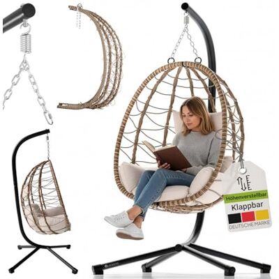 Juskys Hängesessel Aria mit Gestell höhenverstellbar, faltbar & ergonomisch Outdoor & Indoor bis 130 kg Polyrattan Korbhängesessel inkl. Kissen Beige Juskys Hängesessel Aria mit Gestell höhenverstellbar, faltbar & ergonomisch Outdoor & Indoor bis 130 kg Polyrattan Korbhängesessel inkl. Kissen Beige