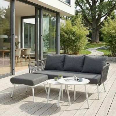 IDIMEX Gartenlounge Mykonos, weiß/grau Balkon Lounge Sofa mit Dreisitzer, Hocker & Beistelltisch, Wasserabweisende Kissen, wetterfest für Balkon und Terrasse IDIMEX Gartenlounge Mykonos, weiß/grau Balkon Lounge Sofa mit Dreisitzer, Hocker & Beistelltisch, Wasserabweisende Kissen, wetterfest für Balkon und Terrasse