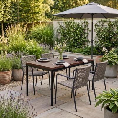 FurnitureR Garten-Esstische in Braun, Schlichter und eleganter Stil für 4 bis 6 Personen, Dicke Holzplatte mit Metallstruktur, für Terrasse, Terrasse, Garten, 120 x 70 x 75 cm FurnitureR Garten-Esstische in Braun, Schlichter und eleganter Stil für 4 bis 6 Personen, Dicke Holzplatte mit Metallstruktur, für Terrasse, Terrasse, Garten, 120 x 70 x 75 cm