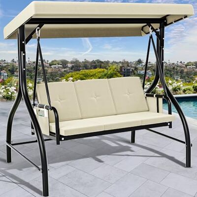 YITAHOME Hollywoodschaukel, 3-Sitzer Gartenschaukel mit Liegefunktion mit Verstellbarem Baldachin und Abnehmbarem Kissen, Geeignet für Erwachsene im Garten, Pool, Balkon, Beige YITAHOME Hollywoodschaukel, 3-Sitzer Gartenschaukel mit Liegefunktion mit Verstellbarem Baldachin und Abnehmbarem Kissen, Geeignet für Erwachsene im Garten, Pool, Balkon, Beige