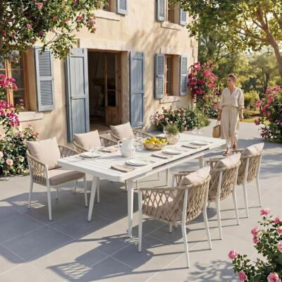 IDIMEX Gartenmöbel Set Sunny mit 1 ausziehbaren Esstisch und 6 Stühlen, Esstisch Gestell aus Alu in weiß, Seilbespannung der Stühle in beige, Essgruppe inkl. Sitzkissen, Terassenmöbel IDIMEX Gartenmöbel Set Sunny mit 1 ausziehbaren Esstisch und 6 Stühlen, Esstisch Gestell aus Alu in weiß, Seilbespannung der Stühle in beige, Essgruppe inkl. Sitzkissen, Terassenmöbel