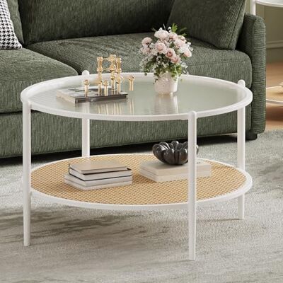 GarveeHome 2-Stöckiges Runder Couchtisch Mit Geriffelter Glasplatte, Beistelltisch Mit Rattanablage, Minimalistischer Couchtisch Mit Metallgestell, Für Wohnzimmer, 78 x 78 x 48,5 cm GarveeHome 2-Stöckiges Runder Couchtisch Mit Geriffelter Glasplatte, Beistelltisch Mit Rattanablage, Minimalistischer Couchtisch Mit Metallgestell, Für Wohnzimmer, 78 x 78 x 48,5 cm