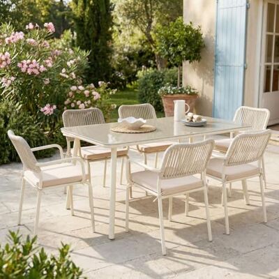 IDIMEX Gartenmöbel Set VOLONTE 1 Tisch 6 Stühle, Beige – Wetterfeste Sitzgruppe mit Glasplatte & Rope-Bespannung für Garten Terrasse Balkon IDIMEX Gartenmöbel Set VOLONTE 1 Tisch 6 Stühle, Beige – Wetterfeste Sitzgruppe mit Glasplatte & Rope-Bespannung für Garten Terrasse Balkon