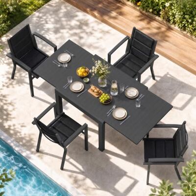 JUMMICO Gartenmöbel Set Aluminium Balkonmöbel Set Terrassenmöbel Gartentisch Ausziehbar 4 Stühle mit 1 Tisch, Gartenstühle Stapelbar und Leicht JUMMICO Gartenmöbel Set Aluminium Balkonmöbel Set Terrassenmöbel Gartentisch Ausziehbar 4 Stühle mit 1 Tisch, Gartenstühle Stapelbar und Leicht