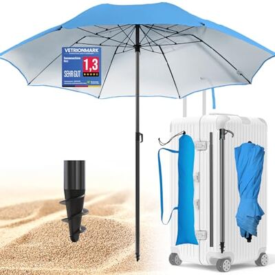 4smile Reise Sonnenschirm Strand Ø 160 cm, Fb. Blau UPF 50+ Praktischer Reise Sonnenschirm für Koffer Funktioneller Strandschirm klein faltbar, Strandschirm koffertauglich 4smile Reise Sonnenschirm Strand Ø 160 cm, Fb. Blau UPF 50+ Praktischer Reise Sonnenschirm für Koffer Funktioneller Strandschirm klein faltbar, Strandschirm koffertauglich