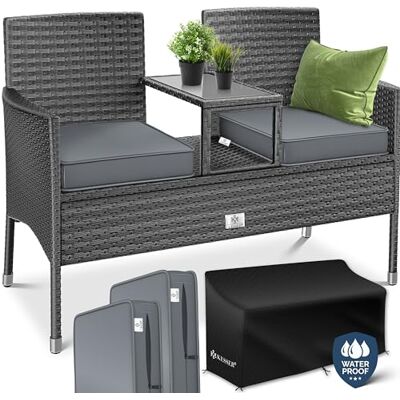 KESSER ® Polyrattan Gartenbank mit Tisch, 2 Sitzer, 143x63x88cm Gartenbank wetterfest, Sitzbank Outdoor, Balkonbank mit Ablage, Gartenmöbel Rattan Bank für Garten & Balkon + Kissen & Cover, Anthrazit KESSER ® Polyrattan Gartenbank mit Tisch, 2 Sitzer, 143x63x88cm Gartenbank wetterfest, Sitzbank Outdoor, Balkonbank mit Ablage, Gartenmöbel Rattan Bank für Garten & Balkon + Kissen & Cover, Anthrazit