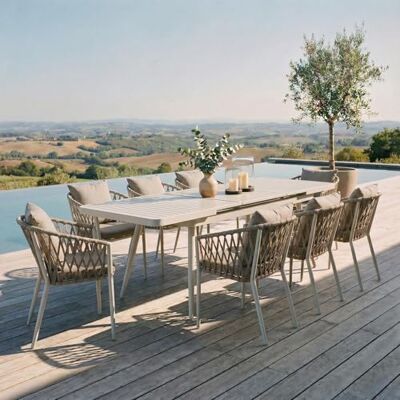 IDIMEX Gartenmöbel Set Sunny mit ausziehbarem Esstisch und 8 Stühlen, Esstisch Gestell aus Alu in weiß, Seilbespannung der Stühle in beige, Essgruppe inkl. Sitzkissen, Terassenmöbel IDIMEX Gartenmöbel Set Sunny mit ausziehbarem Esstisch und 8 Stühlen, Esstisch Gestell aus Alu in weiß, Seilbespannung der Stühle in beige, Essgruppe inkl. Sitzkissen, Terassenmöbel