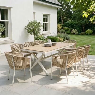 IDIMEX Gartenmöbelset ISOLA mit 8 Stühlen, Weiß/Beige – wetterfeste Essgruppe, Gartentisch 180 x 100 cm mit WPC Tischplatte und stapelbare Gartenstühle inkl. Kissen für Terrasse & Balkon IDIMEX Gartenmöbelset ISOLA mit 8 Stühlen, Weiß/Beige – wetterfeste Essgruppe, Gartentisch 180 x 100 cm mit WPC Tischplatte und stapelbare Gartenstühle inkl. Kissen für Terrasse & Balkon