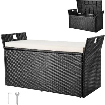 VEVOR Gartenbank mit Stauraum, PE-Rattan-Sitztruhe, Truhenbank mit Kissen & seitlichen Griffen, trägt bis zu 360 kg, Gartensitzgelegenheit & Veranda-Dekor für Terrasse, Garten, Balkon, 125x55x70cm VEVOR Gartenbank mit Stauraum, PE-Rattan-Sitztruhe, Truhenbank mit Kissen & seitlichen Griffen, trägt bis zu 360 kg, Gartensitzgelegenheit & Veranda-Dekor für Terrasse, Garten, Balkon, 125x55x70cm