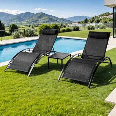Clevich Gartenliege 2er Set, Liegestuhl Garten Wetterfest, Verstellbare Liegestuhl mit Armlehne, Kopfkissen und Couchtisch, für Garten,Schwimmbäder,Strand,Draussen (3, Schwarz) Clevich Gartenliege 2er Set, Liegestuhl Garten Wetterfest, Verstellbare Liegestuhl mit Armlehne, Kopfkissen und Couchtisch, für Garten,Schwimmbäder,Strand,Draussen (3, Schwarz)