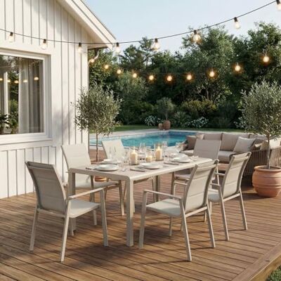 IDIMEX Gartenmöbel Set Trapani mit 6 Stühlen, Champagner Outdoor Essgruppe mit Aluminiumgestell, Gartentisch 160x90 cm wetterfest und pflegeleicht, Sitzgruppe mit gepolsterten Textilene-Sitzflächen IDIMEX Gartenmöbel Set Trapani mit 6 Stühlen, Champagner Outdoor Essgruppe mit Aluminiumgestell, Gartentisch 160x90 cm wetterfest und pflegeleicht, Sitzgruppe mit gepolsterten Textilene-Sitzflächen