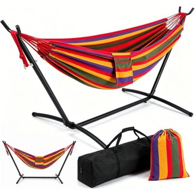 Sekey Hängematte mit Gestell, 150x200cm XXL-Liegefläche, Kokon-Effekt Baumwollhängematte, Tragkraft bis 200 kg, Höhenverstellbar, inkl. 2 Tragetaschen für Garten, Balkon & Camping,Regenbogen Sekey Hängematte mit Gestell, 150x200cm XXL-Liegefläche, Kokon-Effekt Baumwollhängematte, Tragkraft bis 200 kg, Höhenverstellbar, inkl. 2 Tragetaschen für Garten, Balkon & Camping,Regenbogen