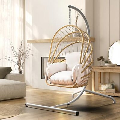 YITAHOME Hellbeige Hängesessel mit Gestell, Rattan-Korb Schaukelstuhl mit strapazierfähiger Polsterung, 160 kg Tragfähigkeit, Garten, Schlafzimmer, Balkon, Outdoor oder Indoor Schaukel Sessel YITAHOME Hellbeige Hängesessel mit Gestell, Rattan-Korb Schaukelstuhl mit strapazierfähiger Polsterung, 160 kg Tragfähigkeit, Garten, Schlafzimmer, Balkon, Outdoor oder Indoor Schaukel Sessel