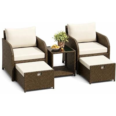 GarveeMore 5-Teilig Rattan Gartenmöbel Set Lounge Set Mit Glastisch 2 Sesseln und Ottomane für Balkon und Terrasse, Braun und Beige GarveeMore 5-Teilig Rattan Gartenmöbel Set Lounge Set Mit Glastisch 2 Sesseln und Ottomane für Balkon und Terrasse, Braun und Beige