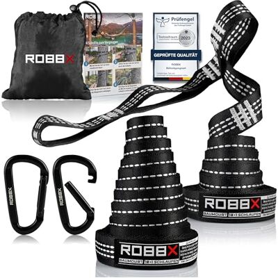 ROBBX Hängematte Befestigungsset, 18 Schlaufen, 1200kg, Schwerlastkarabiner Baumgurte 300x2,5 cm, Schwerlastkarabiner, Hängemattenaufhängung, Baumschoner, Schaukel, Outdoor ROBBX Hängematte Befestigungsset, 18 Schlaufen, 1200kg, Schwerlastkarabiner Baumgurte 300x2,5 cm, Schwerlastkarabiner, Hängemattenaufhängung, Baumschoner, Schaukel, Outdoor