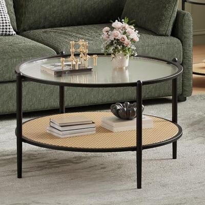 GarveeHome 2-Stöckiges Runder Couchtisch Mit Geriffelter Glasplatte, Beistelltisch Mit Rattanablage, Minimalistischer Couchtisch Mit Metallgestell, Für Wohnzimmer, 78 x 78 x 48,5 cm GarveeHome 2-Stöckiges Runder Couchtisch Mit Geriffelter Glasplatte, Beistelltisch Mit Rattanablage, Minimalistischer Couchtisch Mit Metallgestell, Für Wohnzimmer, 78 x 78 x 48,5 cm