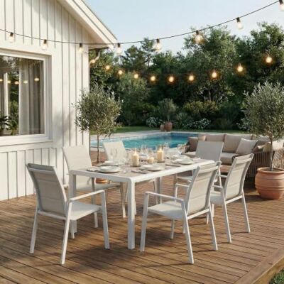 IDIMEX Gartenmöbel Set Trapani mit 6 Stühlen, Weiß Outdoor Essgruppe mit Aluminiumgestell, Gartentisch 160x90 cm wetterfest und pflegeleicht, Sitzgruppe mit gepolsterten Textilene-Sitzflächen IDIMEX Gartenmöbel Set Trapani mit 6 Stühlen, Weiß Outdoor Essgruppe mit Aluminiumgestell, Gartentisch 160x90 cm wetterfest und pflegeleicht, Sitzgruppe mit gepolsterten Textilene-Sitzflächen