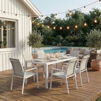 IDIMEX Gartenmöbel Set Trapani mit 6 Stühlen, Weiß Outdoor Essgruppe mit Aluminiumgestell, Gartentisch 160x90 cm wetterfest und pflegeleicht, Sitzgruppe mit gepolsterten Textilene-Sitzflächen IDIMEX Gartenmöbel Set Trapani mit 6 Stühlen, Weiß Outdoor Essgruppe mit Aluminiumgestell, Gartentisch 160x90 cm wetterfest und pflegeleicht, Sitzgruppe mit gepolsterten Textilene-Sitzflächen