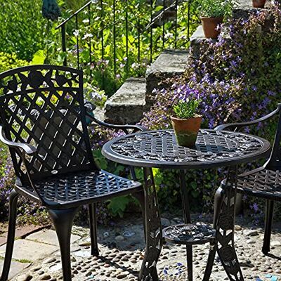 Lazy Susan Rose-Bistro-Tisch aus Aluguss mit 2 Stühlen Garten-Set Antik-Bronze Wetterfest 3 Jahre Garantie (Rose Stühle, Grüne Kissen) Lazy Susan Rose-Bistro-Tisch aus Aluguss mit 2 Stühlen Garten-Set Antik-Bronze Wetterfest 3 Jahre Garantie (Rose Stühle, Grüne Kissen)