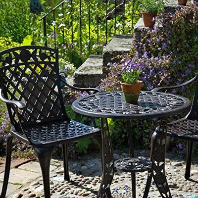 Lazy Susan Rose-Bistro-Tisch aus Aluguss mit 2 Stühlen Garten-Set Antik-Bronze Wetterfest 3 Jahre Garantie (Rose Stühle, Keine Kissen) Lazy Susan Rose-Bistro-Tisch aus Aluguss mit 2 Stühlen Garten-Set Antik-Bronze Wetterfest 3 Jahre Garantie (Rose Stühle, Keine Kissen)