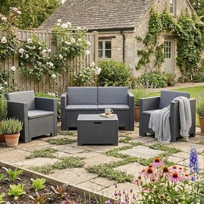 Dmora Loungeset für draußen Kuiper, Outdoor-Lounge mit Couchtisch, Terrassenset mit Kissen, Gartenkomposition mit Sofa und Sesseln, Made in Italy, Anthrazit Dmora Loungeset für draußen Kuiper, Outdoor-Lounge mit Couchtisch, Terrassenset mit Kissen, Gartenkomposition mit Sofa und Sesseln, Made in Italy, Anthrazit
