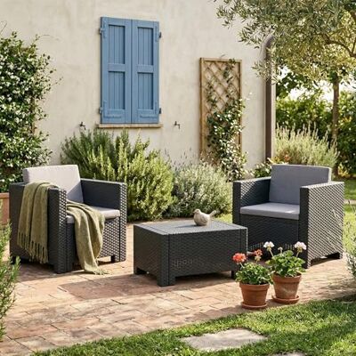 Dmora Loungeset für draußen Ganimede, Outdoor-Lounge mit Couchtisch mit Kissen, Gartenkomposition mit Sofa und Sesseln, Made in Italy, Anthrazit Dmora Loungeset für draußen Ganimede, Outdoor-Lounge mit Couchtisch mit Kissen, Gartenkomposition mit Sofa und Sesseln, Made in Italy, Anthrazit