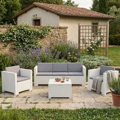 Dmora Loungeset für draußen Cerere, Outdoor-Lounge mit Couchtisch, Terrassenset mit Kissen, Gartenkomposition mit Sofa und Sesseln, Made in Italy, Weiß Dmora Loungeset für draußen Cerere, Outdoor-Lounge mit Couchtisch, Terrassenset mit Kissen, Gartenkomposition mit Sofa und Sesseln, Made in Italy, Weiß