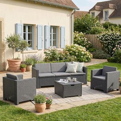 Dmora Loungeset für draußen Cerere, Outdoor-Lounge mit Couchtisch, Terrassenset mit Kissen, Gartenkomposition mit Sofa und Sesseln, Made in Italy, Anthrazit Dmora Loungeset für draußen Cerere, Outdoor-Lounge mit Couchtisch, Terrassenset mit Kissen, Gartenkomposition mit Sofa und Sesseln, Made in Italy, Anthrazit