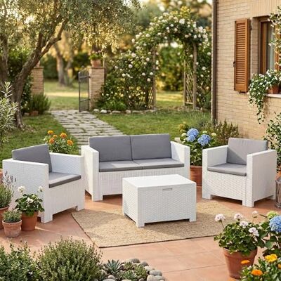 Dmora Loungeset für draußen Kuiper, Outdoor-Lounge mit Couchtisch, Terrassenset mit Kissen, Gartenkomposition mit Sofa und Sesseln, Made in Italy, Weiß Dmora Loungeset für draußen Kuiper, Outdoor-Lounge mit Couchtisch, Terrassenset mit Kissen, Gartenkomposition mit Sofa und Sesseln, Made in Italy, Weiß