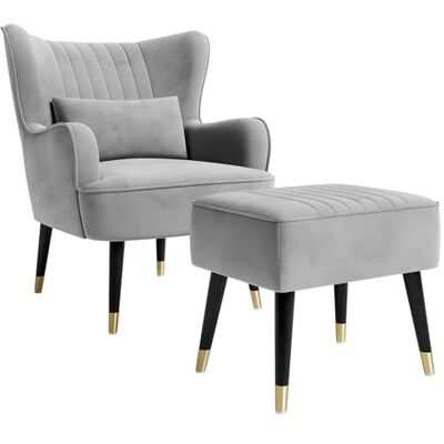 Vesgantti Samt Sessel, Moderne Relaxsessel mit Holzbein, Loungesessel mit Armlehnen, Ohrensessel für Wohnzimmer Schlafzimmer (Hellgrau, Mit Fußhocker) Vesgantti Samt Sessel, Moderne Relaxsessel mit Holzbein, Loungesessel mit Armlehnen, Ohrensessel für Wohnzimmer Schlafzimmer (Hellgrau, Mit Fußhocker)