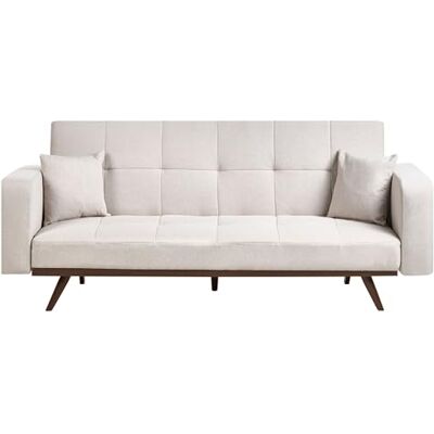 Beliani 3-Sitzer Sofa Stoff Hellbeige gepolstert gesteppt mit Schlaffunktion 2 Kissen Dunkle Metallbeine Hjulby Beliani 3-Sitzer Sofa Stoff Hellbeige gepolstert gesteppt mit Schlaffunktion 2 Kissen Dunkle Metallbeine Hjulby
