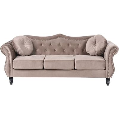 Beliani 3-Sitzer Sofa Samt Taupe gepolstert gesteppt mit Kissen luxuriös Chesterfield Stil Skien Beliani 3-Sitzer Sofa Samt Taupe gepolstert gesteppt mit Kissen luxuriös Chesterfield Stil Skien