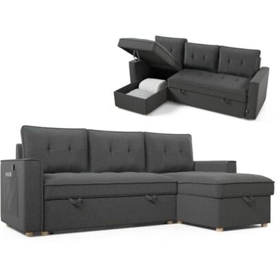 Nalui Sofa Chaise Longue Haven, 213 x 129 x 81 cm, wendbar, mit Truhe von 127,6 l. 3-Sitzer-Sofa, umwandelbar in EIN Bett von 122 x 190 cm, inklusive Taschen und 360-Grad-Gewebe, dunkelgrau Nalui Sofa Chaise Longue Haven, 213 x 129 x 81 cm, wendbar, mit Truhe von 127,6 l. 3-Sitzer-Sofa, umwandelbar in EIN Bett von 122 x 190 cm, inklusive Taschen und 360-Grad-Gewebe, dunkelgrau