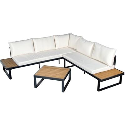 DRW Ecksofa-Set mit schwarzem Aluminiumtisch und PS-Lamellen und beigefarbenen Kissen, 227 x 63 x 69 cm DRW Ecksofa-Set mit schwarzem Aluminiumtisch und PS-Lamellen und beigefarbenen Kissen, 227 x 63 x 69 cm