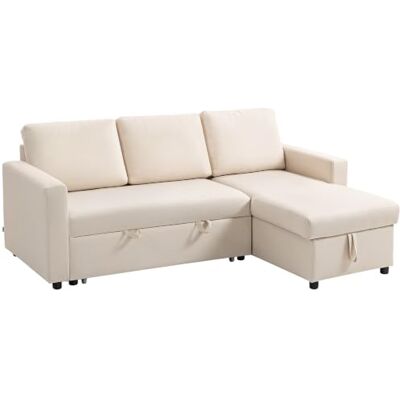 HOMCOM 211 cm Schlafsofa Ausziehbar mit Storage Chaise Cremeweiß Wandelbar, Leinen, umkehrbare Chaise, Leinenstoff L-Form Polster Couch, breite und tiefe Sitzfläche, Wohnzimmer, Apartment HOMCOM 211 cm Schlafsofa Ausziehbar mit Storage Chaise Cremeweiß Wandelbar, Leinen, umkehrbare Chaise, Leinenstoff L-Form Polster Couch, breite und tiefe Sitzfläche, Wohnzimmer, Apartment