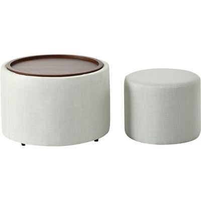 NJLyuhome Nordischer Skandinavischer Nesting Hocker 2er Set mit Leinenbezug und Holzablage Multifunktionale Quadratische Ottomane als Sitzhocker & Fußstütze, 58 cm Rund, Beige NJLyuhome Nordischer Skandinavischer Nesting Hocker 2er Set mit Leinenbezug und Holzablage Multifunktionale Quadratische Ottomane als Sitzhocker & Fußstütze, 58 cm Rund, Beige