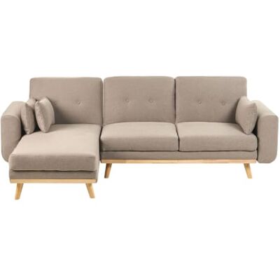 Beliani 3-Sitzer Ecksofa Stoff Hellbraun L-Form rechts mit Schlaffunktion 3 Kissen Kaarina Beliani 3-Sitzer Ecksofa Stoff Hellbraun L-Form rechts mit Schlaffunktion 3 Kissen Kaarina