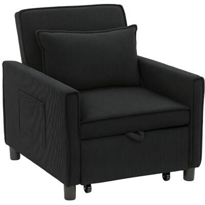 HOMCOM 3-in-1 Schlafsessel Klappbett Bettfunktion Lendenkissen Schwarz Lendenkissen, Liegestuhl mit Verstellbarer Rückenlehne, Seitentasche, Sessel für Wohnzimmer, Kord HOMCOM 3-in-1 Schlafsessel Klappbett Bettfunktion Lendenkissen Schwarz Lendenkissen, Liegestuhl mit Verstellbarer Rückenlehne, Seitentasche, Sessel für Wohnzimmer, Kord