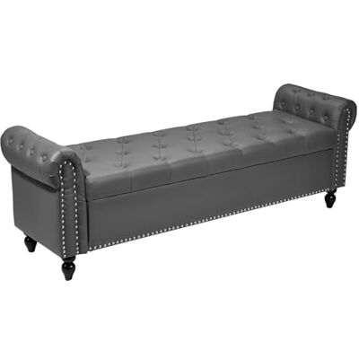 VEVOR Sitzbank Ottomane (460 x 1660 x 560 mm) aus PU-Leder mit Holzbeinen & Stauraum & Knopfheftung & gerollten Armlehnen, Schuhbank mit 300 kg Tragkraft, Bettbank Schlafzimmerbank Grau VEVOR Sitzbank Ottomane (460 x 1660 x 560 mm) aus PU-Leder mit Holzbeinen & Stauraum & Knopfheftung & gerollten Armlehnen, Schuhbank mit 300 kg Tragkraft, Bettbank Schlafzimmerbank Grau