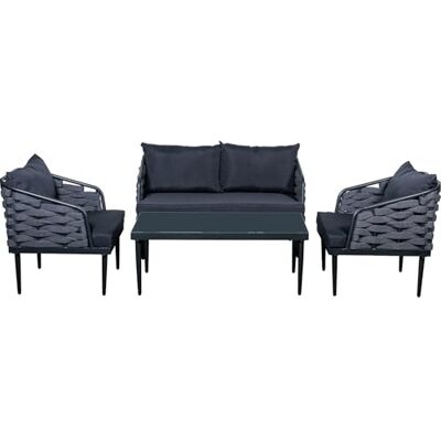 DRW 2-Sitzer-Sofa + 2 Sessel mit Tisch aus Aluminium, Glas und Polyester in Dunkelgrau, 123 x 69 x 72 cm DRW 2-Sitzer-Sofa + 2 Sessel mit Tisch aus Aluminium, Glas und Polyester in Dunkelgrau, 123 x 69 x 72 cm