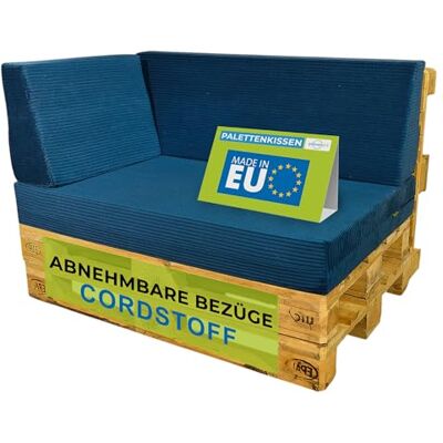 Pillows24 Palettenkissen 3er Set aus Cord, Abnehmbarer Bezug Sitzkissen & Rückenkissen für Europaletten 120x80, Weiche Palettenauflage für Haus, Garten, Balkon, Made in EU, Blau Pillows24 Palettenkissen 3er Set aus Cord, Abnehmbarer Bezug Sitzkissen & Rückenkissen für Europaletten 120x80, Weiche Palettenauflage für Haus, Garten, Balkon, Made in EU, Blau