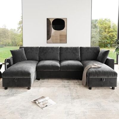 Merax U-Form Sofa mit Stauraum, Wohnlandschaft aus Chenille, Großes Ecksofa mit 2 Chaiselongues und 2 Kissen, Modulares Sofa für Wohnzimmer, Couch in U-Form, Grau, 279 x 135 x 84 cm Merax U-Form Sofa mit Stauraum, Wohnlandschaft aus Chenille, Großes Ecksofa mit 2 Chaiselongues und 2 Kissen, Modulares Sofa für Wohnzimmer, Couch in U-Form, Grau, 279 x 135 x 84 cm