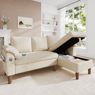 Merax L-Form Ecksofa, kleines 3-Sitzer Sofa mit Stauraum-Chaiselongue, Links oder rechts montierbar, Chenille-Stoff Couch mit USB Typ-C, Seitentasche, Armlehnenkissen, 181x125x88 cm, Beige Merax L-Form Ecksofa, kleines 3-Sitzer Sofa mit Stauraum-Chaiselongue, Links oder rechts montierbar, Chenille-Stoff Couch mit USB Typ-C, Seitentasche, Armlehnenkissen, 181x125x88 cm, Beige