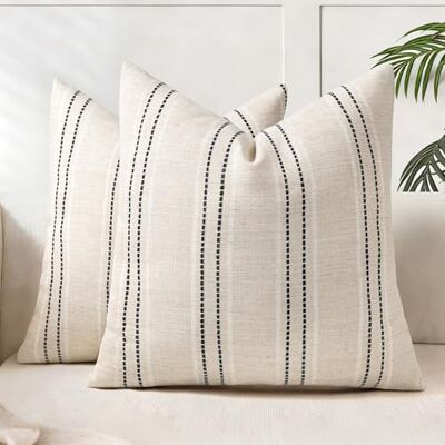 AELS Dekorative Bauernhaus-Leinen-Überwurf-Kissenbezüge, Boho-Struktur-Kissenbezug, 2er-Set, Beige mit weißen und schwarzen Stichen, garngefärbte Streifen, Kissenbezug für Sofa, Couch, Wohnzimmer (nur AELS Dekorative Bauernhaus-Leinen-Überwurf-Kissenbezüge, Boho-Struktur-Kissenbezug, 2er-Set, Beige mit weißen und schwarzen Stichen, garngefärbte Streifen, Kissenbezug für Sofa, Couch, Wohnzimmer (nur