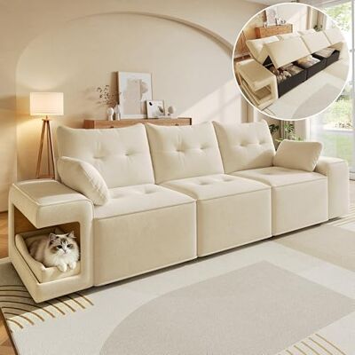 Merax 3-Sitzer Sofa Couch 230cm mit großem Stauraum, Samt Cloud Sofa mit Staufach & Breiten Armlehnen, integriertes Haustierbett & 2 Kissen, gepolsterte Couchgarnitur Wohnzimmer, Beige Merax 3-Sitzer Sofa Couch 230cm mit großem Stauraum, Samt Cloud Sofa mit Staufach & Breiten Armlehnen, integriertes Haustierbett & 2 Kissen, gepolsterte Couchgarnitur Wohnzimmer, Beige