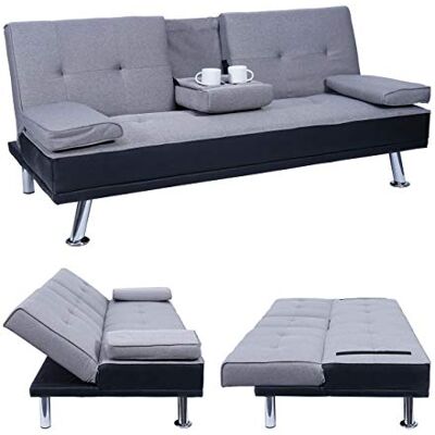 Mendler 3er-Sofa HWC-F60 97x166cm Kunstleder/Textil, schwarz/hellgrau Couch, Schlafsofa, Gästebett, Tassenhalter, verstellbar Mendler 3er-Sofa HWC-F60 97x166cm Kunstleder/Textil, schwarz/hellgrau Couch, Schlafsofa, Gästebett, Tassenhalter, verstellbar
