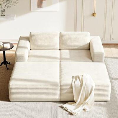 Vesgantti 202 cm Modulares Ecksofa, 2-Sitzer Sofa mit Schlaffunktion aus Cord, mit Federkern & 3D-Schaum, extra tiefer Sitzfläche, Polstersofa mit Ottomane, ohne Montage, Rutschfester Boden, Beige Vesgantti 202 cm Modulares Ecksofa, 2-Sitzer Sofa mit Schlaffunktion aus Cord, mit Federkern & 3D-Schaum, extra tiefer Sitzfläche, Polstersofa mit Ottomane, ohne Montage, Rutschfester Boden, Beige