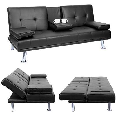 Mendler 3er-Sofa HWC-F60 97x166cm Kunstleder, schwarz Couch, Schlafsofa, Gästebett, Tassenhalter, verstellbar Mendler 3er-Sofa HWC-F60 97x166cm Kunstleder, schwarz Couch, Schlafsofa, Gästebett, Tassenhalter, verstellbar
